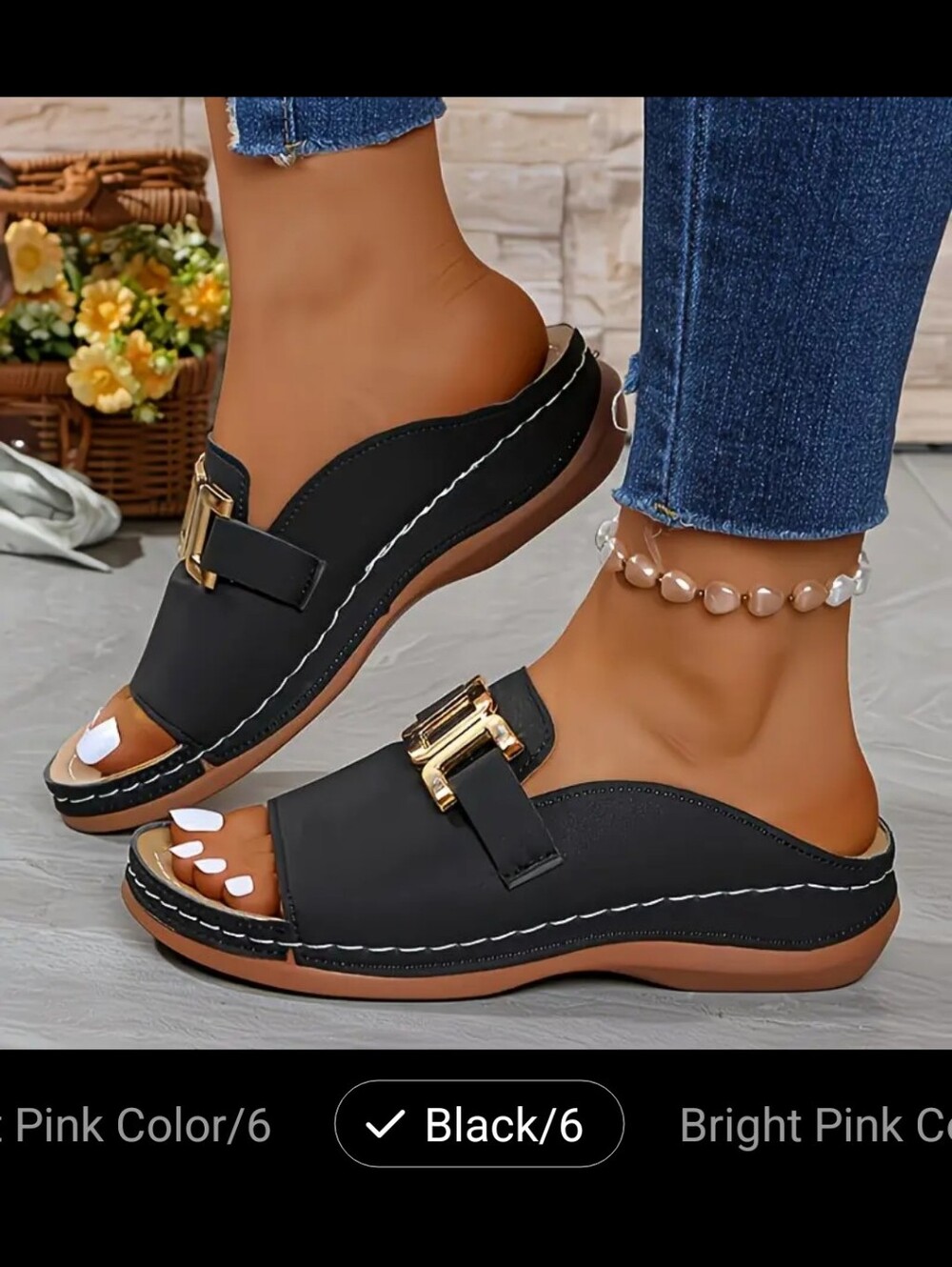 Black Slip-On Slide Sandals with Gold Buckle